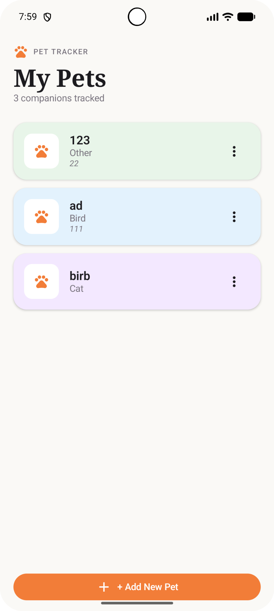 Pet Tracker pets list